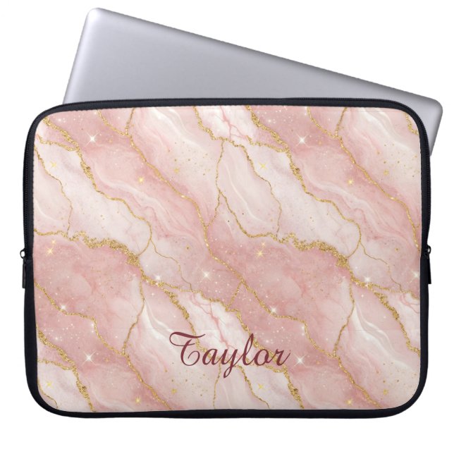 Personalized Modern Rose Quartz Marble Gold Glitte Laptop Fodral (Framsidan)