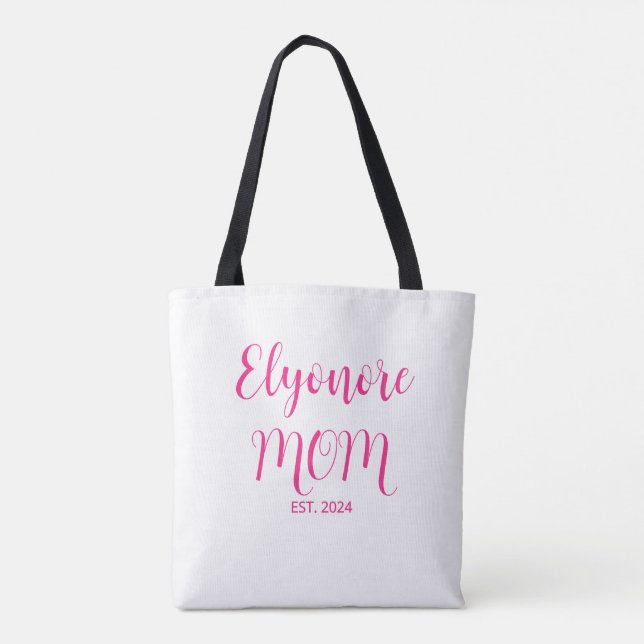 Personalized Mom Name Established Date Pink Script Tygkasse (Baksida)
