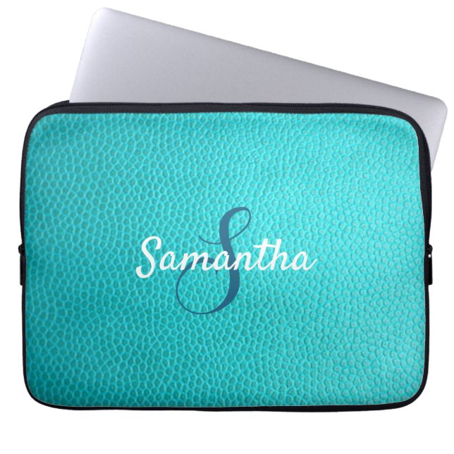 Personalized Monogram and Name Blue Leather Laptop Fodral (Framsidan)