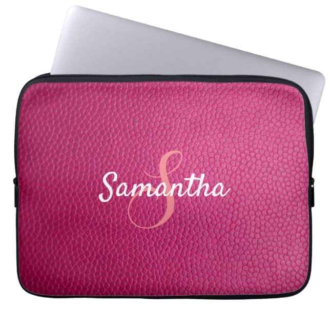 Personalized Monogram and Name Pink Leather Laptop Fodral (Framsidan)
