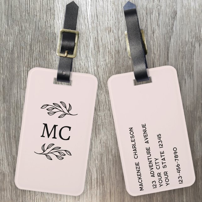 Personalized Monogram Initials Botanical Blush Bagagebricka (Modern monogarm initial name personalized botanical leaf line art minimalist blush pink luggage tag)