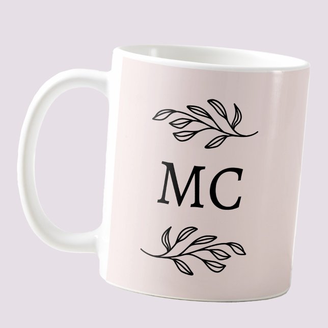 Personalized Monogram Initials Botanical Blush Kaffemugg (Modern personalized monogram initials botanical leaf line art coffee mug)