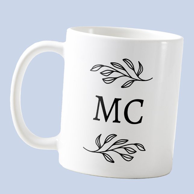 Personalized Monogram Initials Botanical Leaf Art Kaffemugg (Modern personalized monogram initials botanical leaf line art coffee mug)