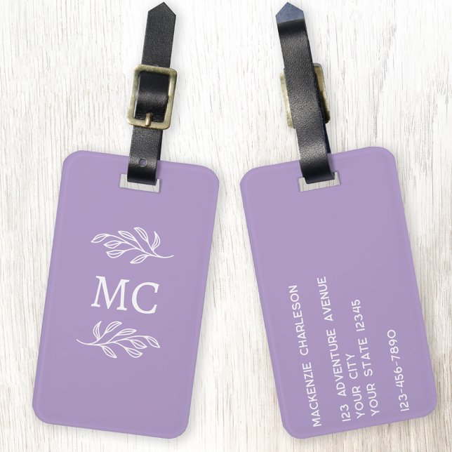 Personalized Monogram Initials Botanical Leaf Bagagebricka (Personalized monogram initial botanical leaf art minimalist pastel lilac purple luggage tag)