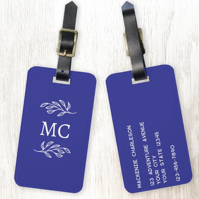Personalized Monogram Initials Botanical Leaf Bagagebricka (Personalized monogram initial botanical leaf art minimalist cobalt blue luggage tag)
