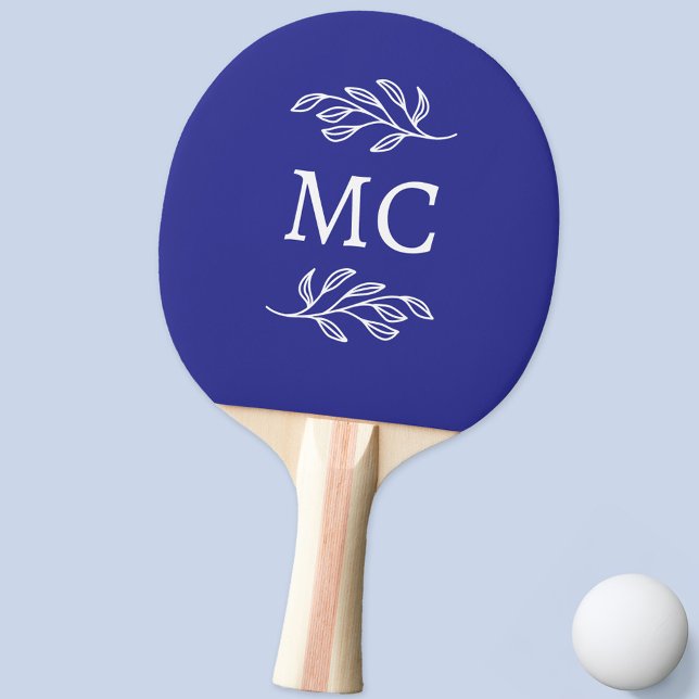 Personalized Monogram Initials Botanical Leaf Blue Pingisracket (Modern personalized monogram initials botanical leaf line art ping pong paddle)