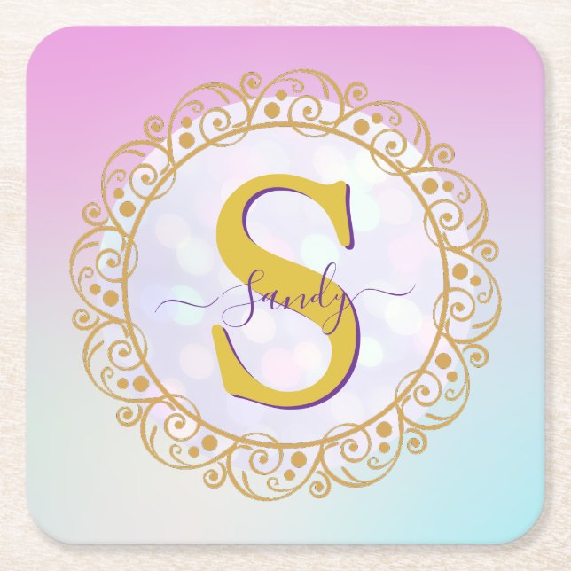 Personalized Monogram Mandala Gold and Blue Underlägg Papper Kvadrat (Framsidan)