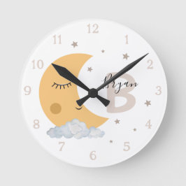 Personalized Moon Nursery Wall Clock Neutral Beige Rund Klocka