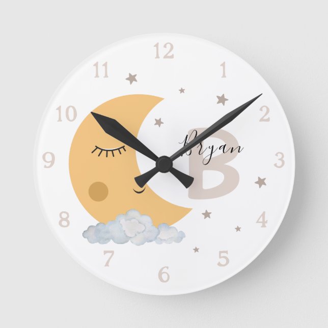 Personalized Moon Nursery Wall Clock Neutral Beige Rund Klocka (Framsida)