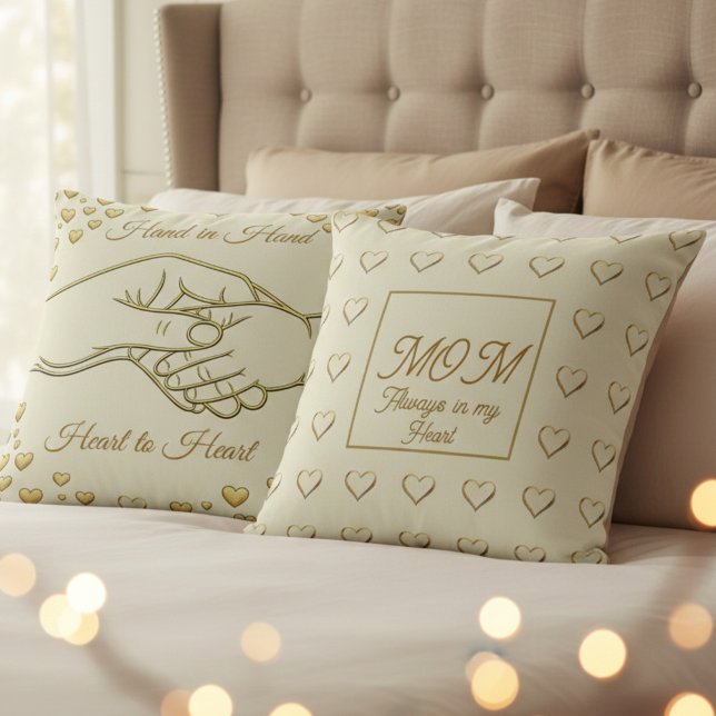 Personalized Mother's Day Gift 2026 Elegant Gold Kudde (gold luxury: Emotional hand art front, personalized 'MOM' heart pattern back. Perfect 2026 gift!)