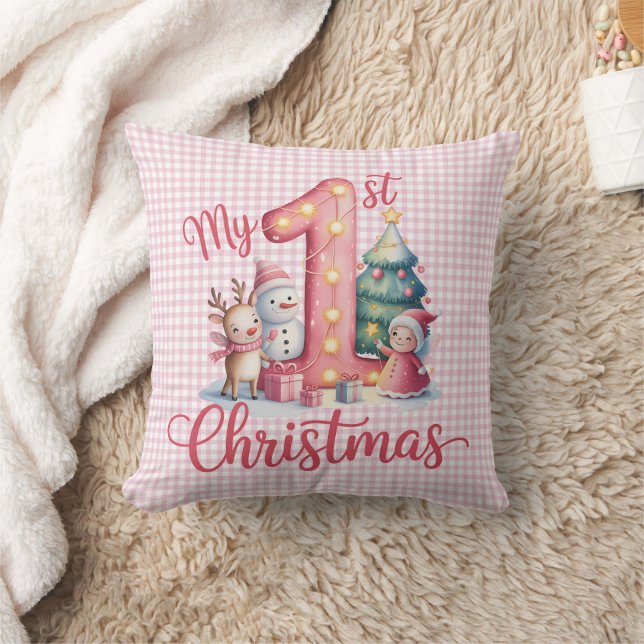 Personalized My 1st Christmas Pink & White Checker Kudde (Filt)