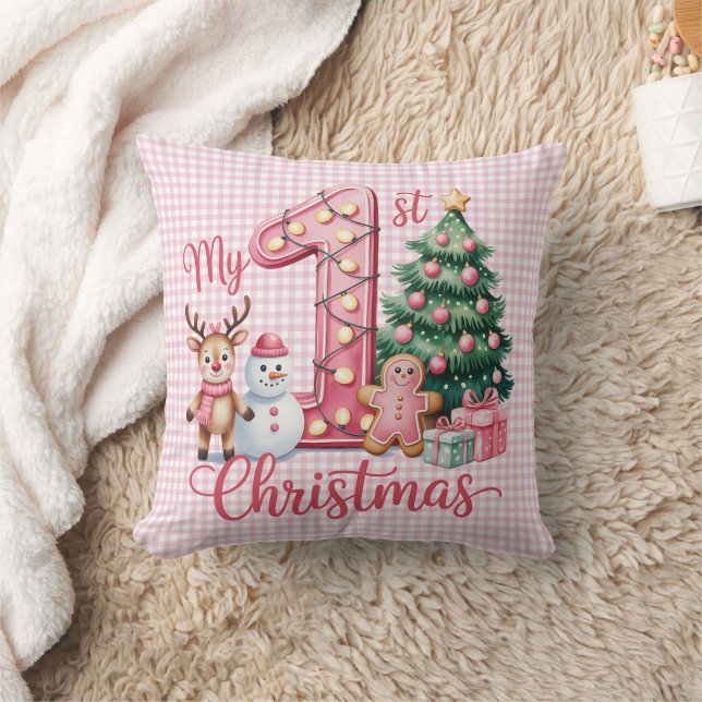Personalized My 1st Christmas Pink & White Checker Kudde (Filt)