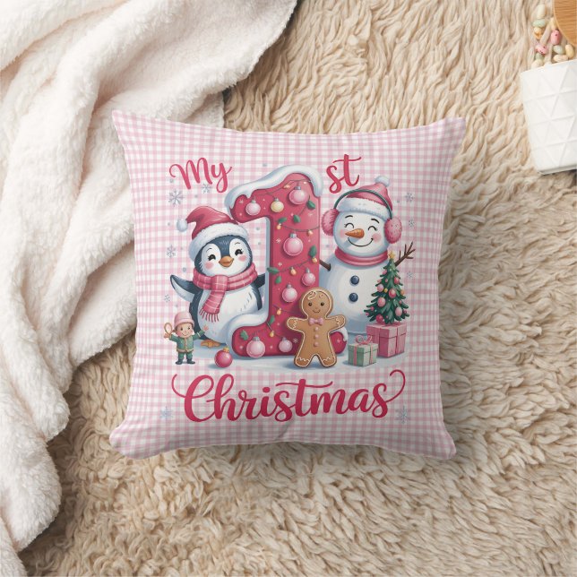 Personalized My 1st Christmas Pink & White Checker Kudde (Filt)