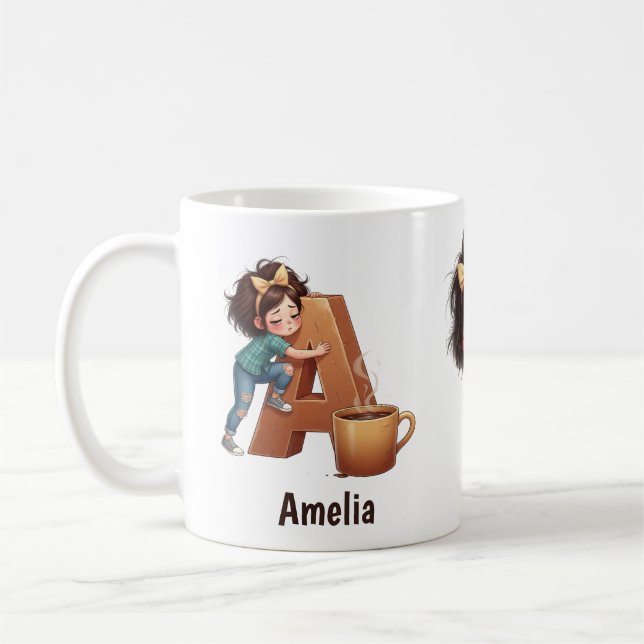 Personalized Name & A Sleepy Morning Plaid Charact Kaffemugg (Vänster)
