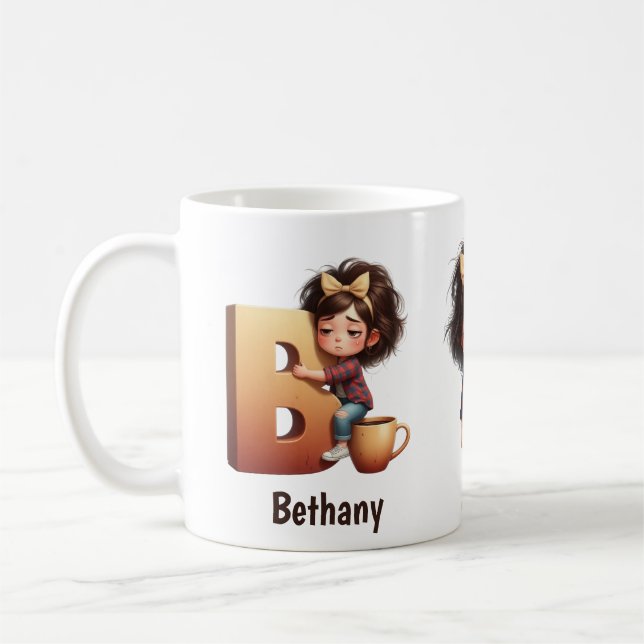 Personalized Name & B Sleepy Morning Plaid Charact Kaffemugg (Vänster)