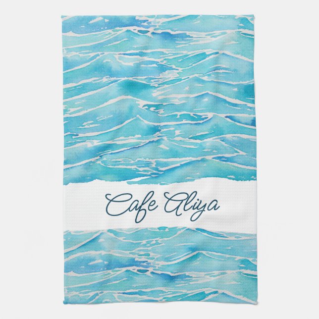Personalized Name Beach Waves Watercolor Novelty Kökshandduk (Vertikal)