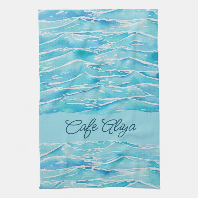 Personalized Name Beach Waves Watercolor Novelty Kökshandduk (Vertikal)