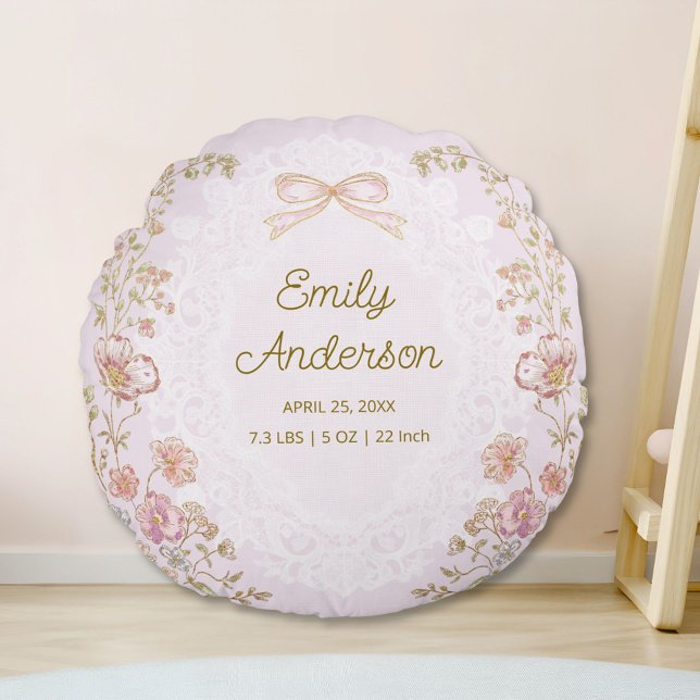 Personalized Name Birth Stats Watercolor Floral Rund Kudde (In situ)