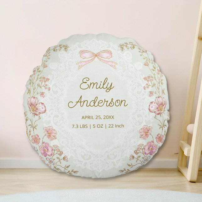 Personalized Name Birth Stats Watercolor Floral Rund Kudde (In situ)