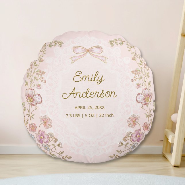 Personalized Name Birth Stats Watercolor Floral Rund Kudde (In situ)