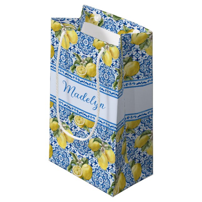 Personalized Name Blue Tile Mediterranean Lemon (Framsidan Vinklad)