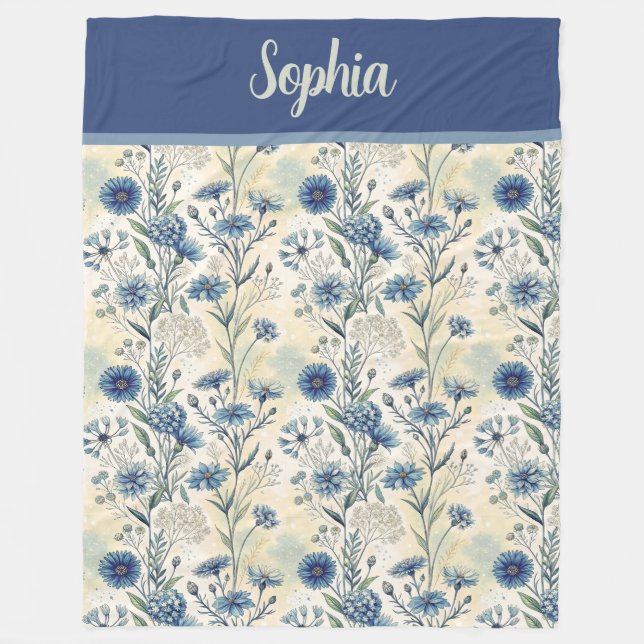 Personalized Name Blue Wildflowers Fleecefilt (Framsidan)