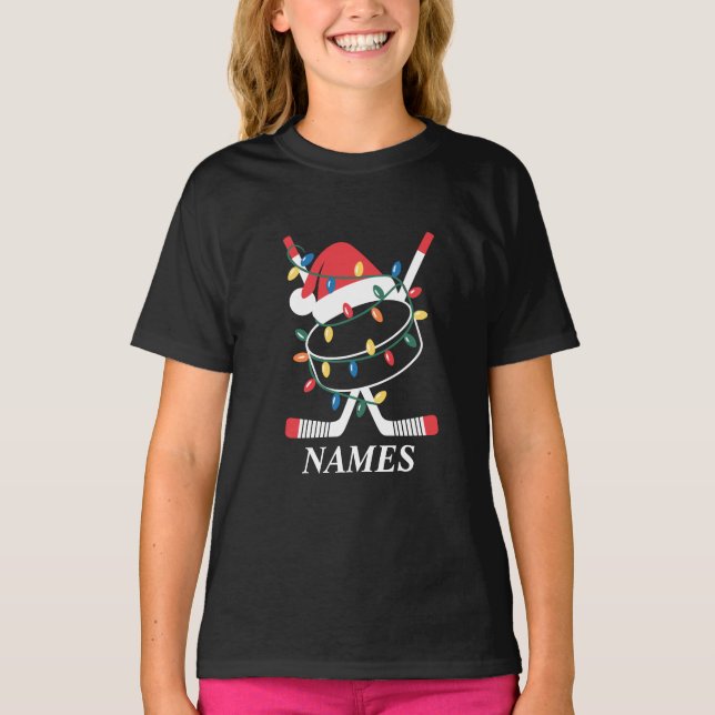 Personalized Name Christmas Hockey Xmas Santa Hat T Shirt (Framsida)
