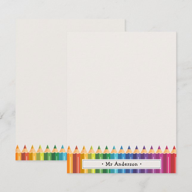 Personalized Name Colorful Pencils Teacher's Anteckningskort (Fram/baksida)