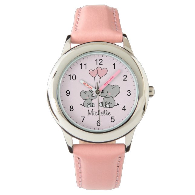 Personalized name Cute Elephant Mom & Baby Pink    Armbandsur (Framsida)