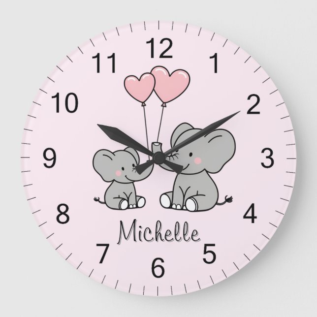 Personalized name Cute Elephant Mom & Baby Pink    Stor Klocka (Framsida)