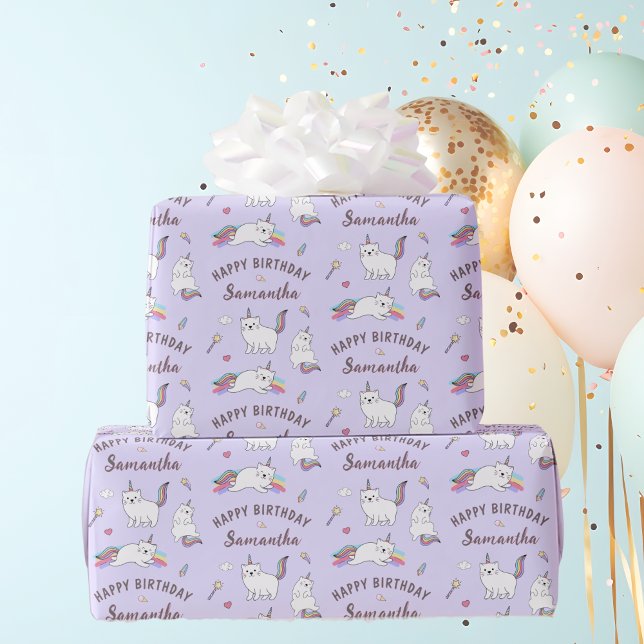 Personalized Name Cute Unicorn Cat Birthday Presentpapper (Personalized Name Cute Unicorn Cat Birthday Wrapping Paper)