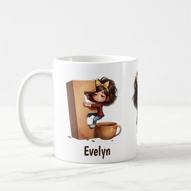 Personalized Name & E Sleepy Morning Plaid Charact Kaffemugg (Vänster)