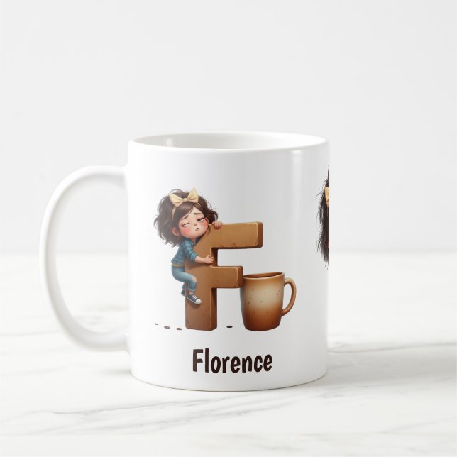 Personalized Name & F Sleepy Morning Plaid Charact Kaffemugg (Vänster)