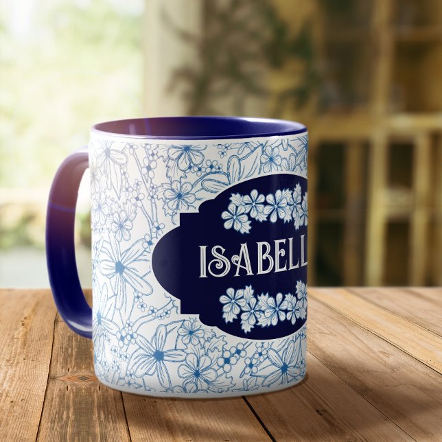 Personalized Name Feminine Blue Floral Pattern Mugg (Feminine Blue Floral Patterned Mug–Create a Custom Mug with Your Name.)