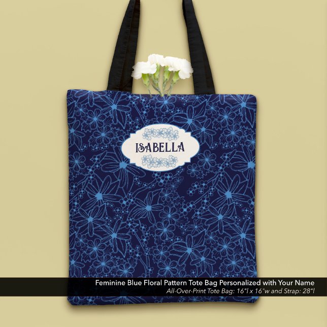 Personalized Name Feminine Blue Floral Pattern Tygkasse (Feminine Blue Floral Pattern Tote Bag–Personalized with Your Name)