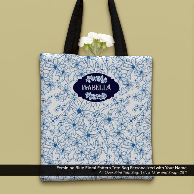 Personalized Name Feminine Blue Floral Pattern Tygkasse (Feminine Blue Floral Pattern Tote Bag–Personalized with Your Name)