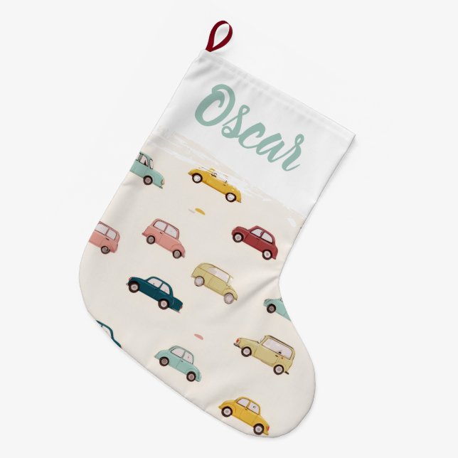 Personalized Name Festive Cars Christmas Stocking Stor Julstrumpa (Framsidan (Hängande))