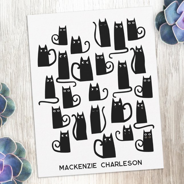 Personalized Name Fun Black Cat Anteckningskort (Fun black cat design personalized custom name or text notecards for animal lovers)