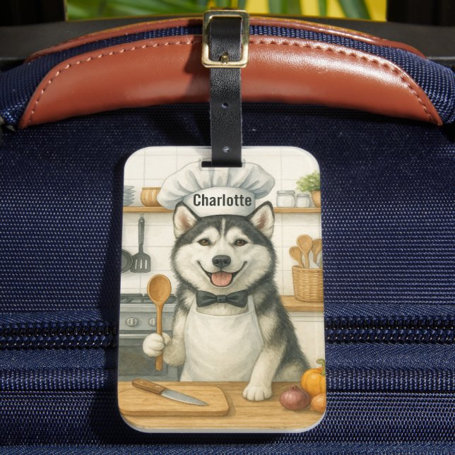 Personalized Name Funny Siberian Husky Dog Chef Bagagebricka (Framsida Insitu 2)