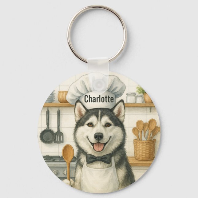 Personalized Name Funny Siberian Husky Dog Chef Nyckelring (Framsida)