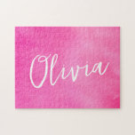 Personalized Name Gradient Ombre Pink Pussel<br><div class="desc">A cheerful pink watercolor puzzle that’s as fun to build as it is to display. Featuring a soft gradient background and elegant hand-lettered name, this custom puzzle makes a thoughtful gift for kids, teens, or anyone who loves pretty, personalized things. Perfect for birthdays, holidays, or rainy-day activities. A sweet mix...</div>
