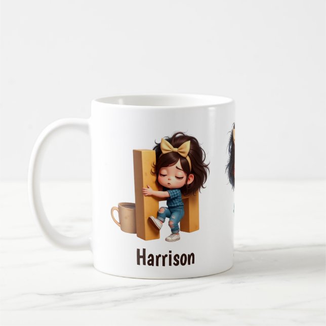 Personalized Name & H Sleepy Morning Plaid Charact Kaffemugg (Vänster)