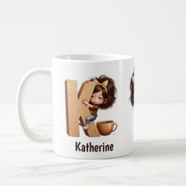 Personalized Name & K Sleepy Morning Plaid Charact Kaffemugg