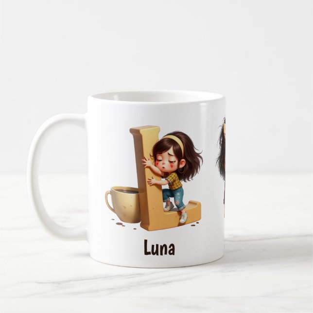 Personalized Name & L Sleepy Morning Plaid Charact Kaffemugg (Vänster)