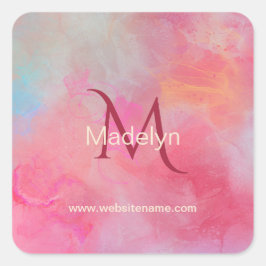 Personalized Name + Monogram Pink Watercolor Ink Fyrkantigt Klistermärke