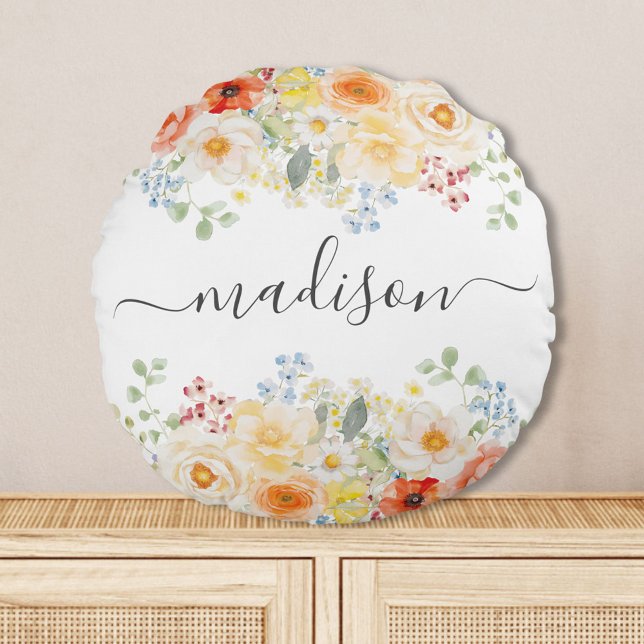 Personalized Name Monogram Watercolor Sunny Floral Rund Kudde (Skapare uppladdad)