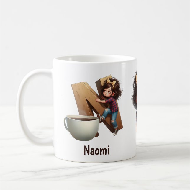 Personalized Name & N Sleepy Morning Plaid Charact Kaffemugg (Vänster)