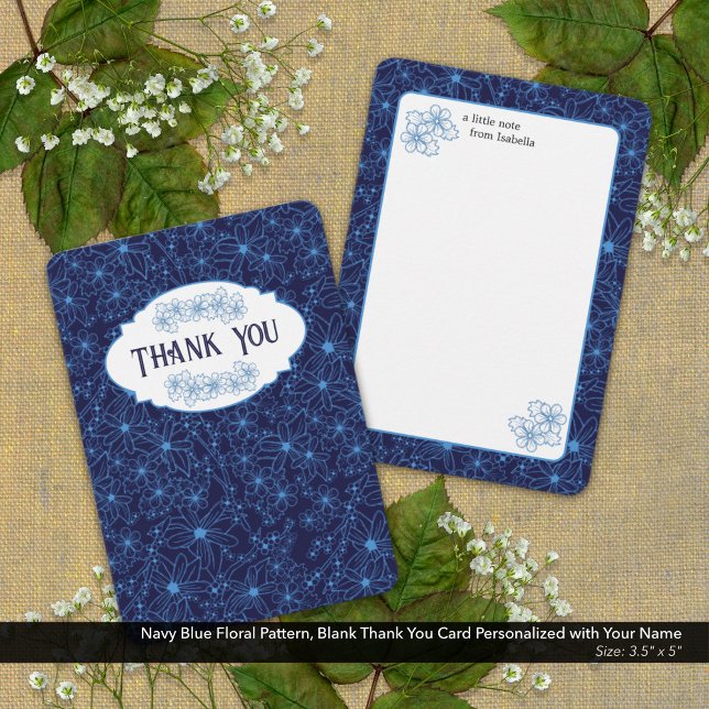 Personalized Name Navy Blue Floral Pattern, Blank Tack Kort (Navy Blue Floral Pattern, Blank Thank You Card Personalized with Your Name )
