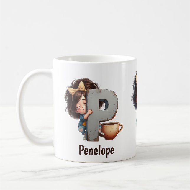 Personalized Name & P Sleepy Morning Plaid Charact Kaffemugg (Vänster)