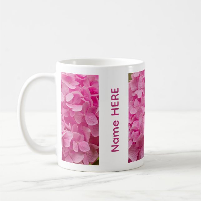 Personalized Name Pink Hydrangea Flower Photo Kaffemugg (Vänster)